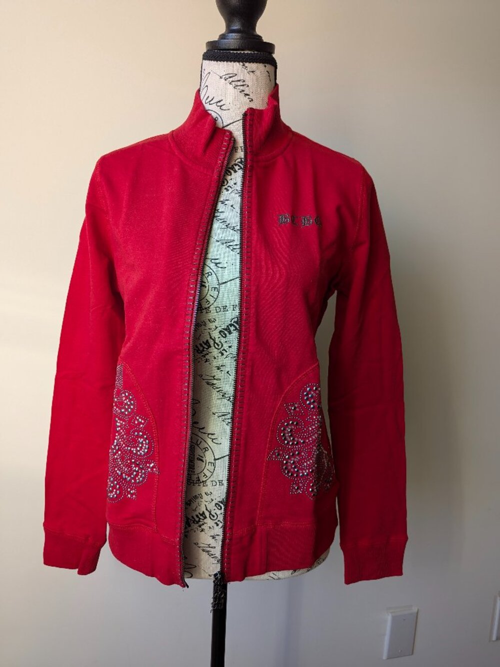 BCBG Maxazria Red Rhinestone Zip Jacket Women's Embellished Sweatshirt size M